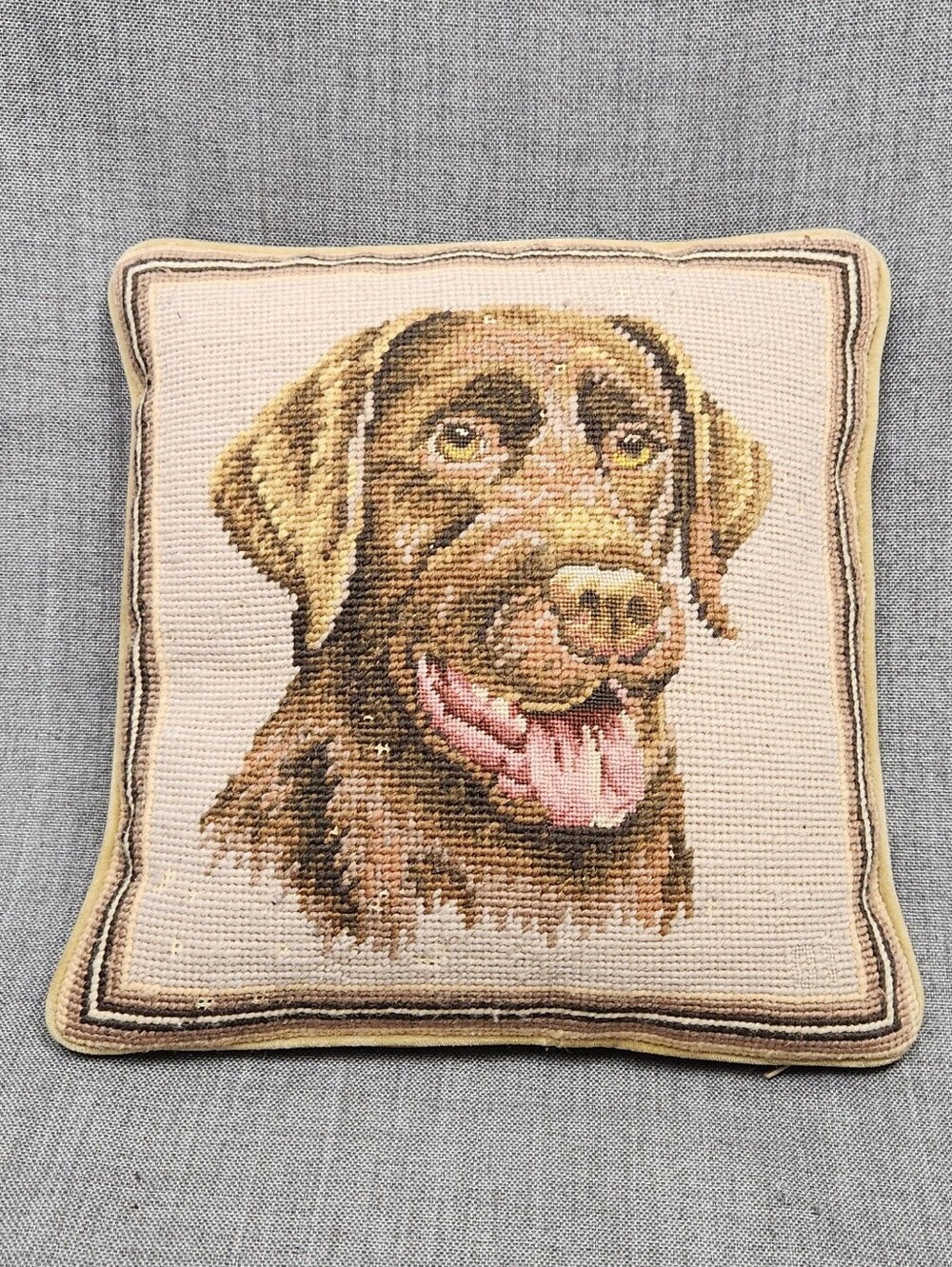 Vintage  Needlepoint Labrador / Lab 10 × 10 Picture Pillow.
